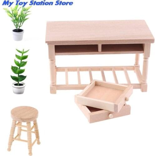 Miniature Unpainted Wood Table With Drawers Furniture Plant 1:12 Dollhouse Decoration Accessories