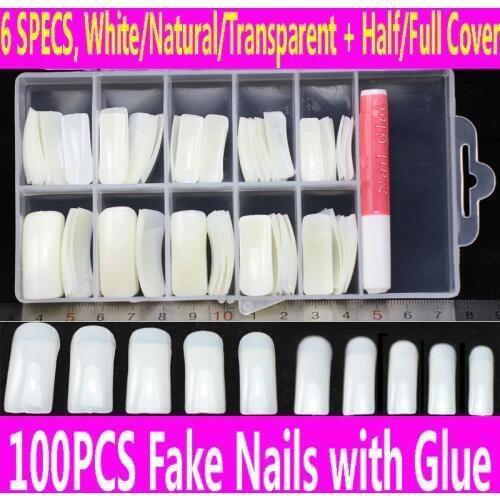 100pcs False Nails with Glue & Case Set French Clear Acrilic Artificial Fake Half Full Cover White Natural Transparent Skin Tips