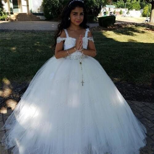Newest White Flower Girls Dresses For Weddings Off Shoulder Crystal Waist Tulle Floor Length Indian Ball Gown Children Dresses