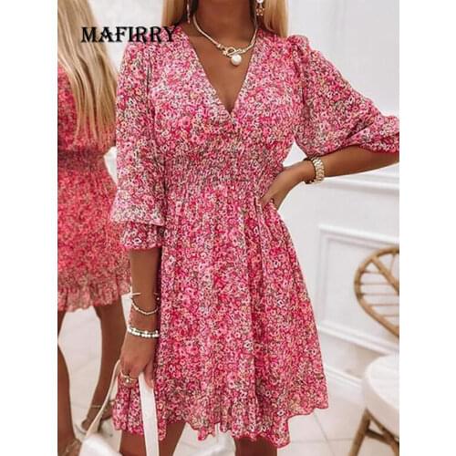Autumn Casual Women V Neck Loose Dress Long Sleeve Button Vintage Print Dress Elegant Female Retro Floral Slim Fit Party Dress