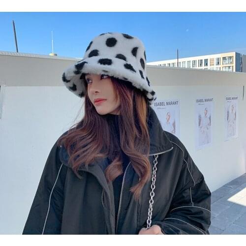 Autumn Winter Panama Hat for Women Faux Fur Bucket Hats Cow Print Plush Velvet Warm Panama Hat Fisherman Hats Vacation Cap