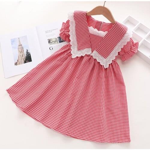 Girls Dresses Fashion Baby Kids Girl Short Sleeve Plaid Princess Dress Children Casual Ruffle Edge Beach Dresses