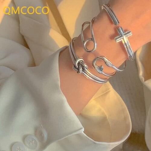 QMCOCO Minimalist 925 Silver Bracelet For Women Fashion Personality Creative Design Cross Geometric Vintage Punk Party Jewelry