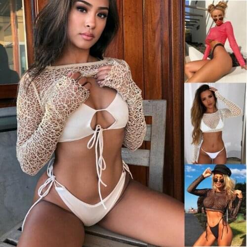 Sexy Women Beach Wear Sexy Ladies See Through Tops Swimwear Fishnet Cover-Ups Long Sleeve Mesh Smock Crop Tops Bikini Cover Up