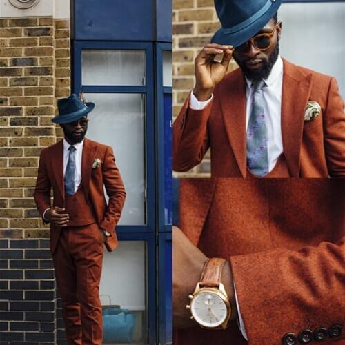 Tweed 3 Pieces Mens Coat Pant Suits Custom Made Winter Warm Two Button Wedding Tailored Party Prom Business Blazer Jacket