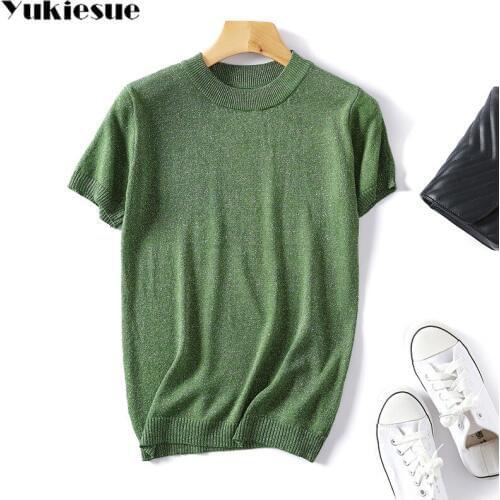 2019 New summer Glitter T Shirt Women bling Knitted Casual short Sleeves Top O-Neck shiny T shirt Slim Kintwear Female T-shirt