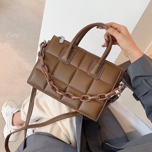 2021 Autumn and Winter Vintage Plaid Handbag Acrylic Thick Chain Square Shoulder Bag PU Leather Crossbody Messenger Bag Female