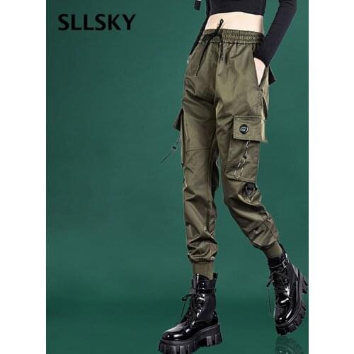SLLSKY Women Elastic Waist Loose Streetwear Cargo Pants Female New Ankle-length Jogging Trousers Lady Plus Size Casual Pants