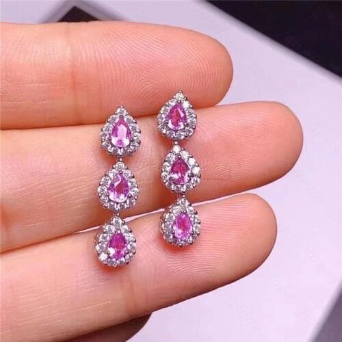 Natural pink sapphire earrings 925 silver womens earrings fresh and simple design
