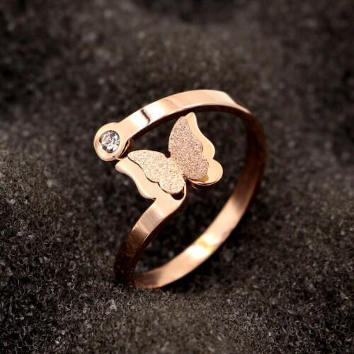 Fashion Stainless Steel Crystal Love Butterfly Insect Finger Ring Rose Gold Color Women Wedding Party Gift
