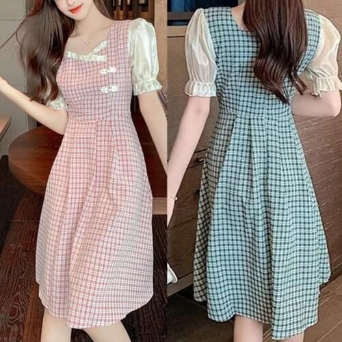 Womens Dress Square Collar Puff Sleeves Plaid Pattern Waist Short Sleeve Long Dress for Summer d88