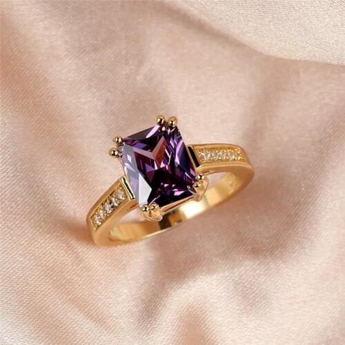 Female Luxury Purple Crystal Square Stone Ring Yellow Gold Zircon Engagement Rings For Women Wedding Jewelry Simple Fashion Ring
