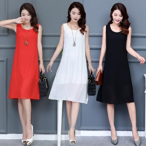 Hot sale summer womens chiffon dress elegant female pure color dress sleeveless o-neck chiffon dress