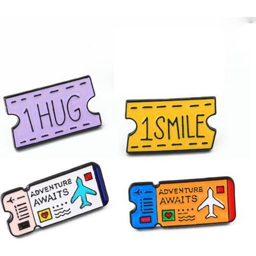Cartoon Air Ticket Coupon Enamel Lapel Pins Adventure Awaits 1 Hug 1 Smile Love Brooches Bag Badge Cute Jewelry Gift for Friends