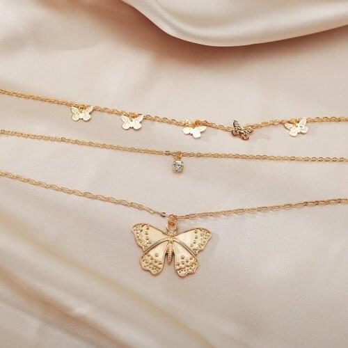 12 Pieces/Lot Gold Color Butterfly Choker Necklace Jewelry Women Crystal Metal Insect Pendant Multilayer Clavicle Chain Charm