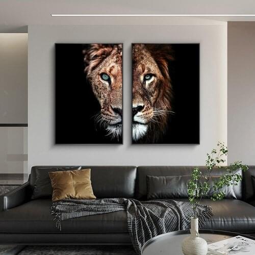 2pcs Set Green Eyes Lion Black Background Canvas Art Painting Posters and Prints Cuadros Home Decor Wall Art For Living Room