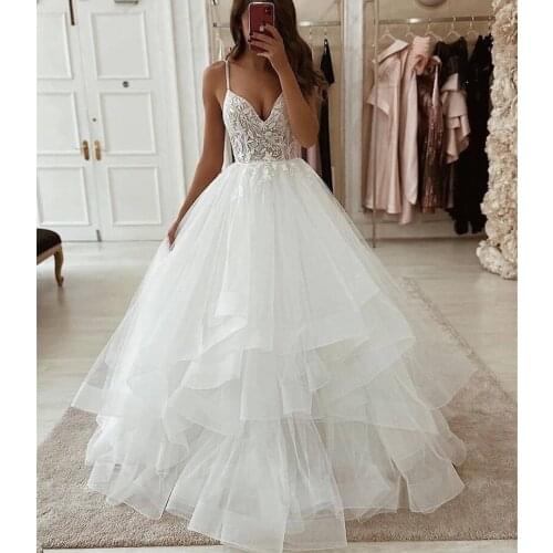 2020 Sexy V-Neck Ruffles Tulle Wedding Dress abito sposa A-Line Robe de Mariage Backless Bruidsjurken Bridal Gown WD30642