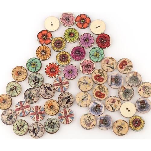 50pc Mixed Vintage Colorful Flowers Wood Buttons Round Spiral Sewing Buttons Scrapbooking 2 Holes Sewing Accessories For Child