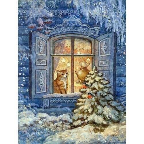 Full square drill diamond painting snow house cat 5D winter scenery diamond embroidery artwork mosaic decoration