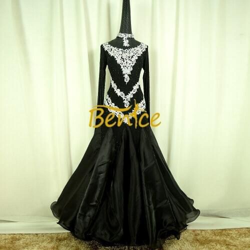 Ballroom Competition Dress Adult Black Tight Long Swing Flowers Rhinest Tango Waltz Latin Dancing Dress Dance Wear For Women