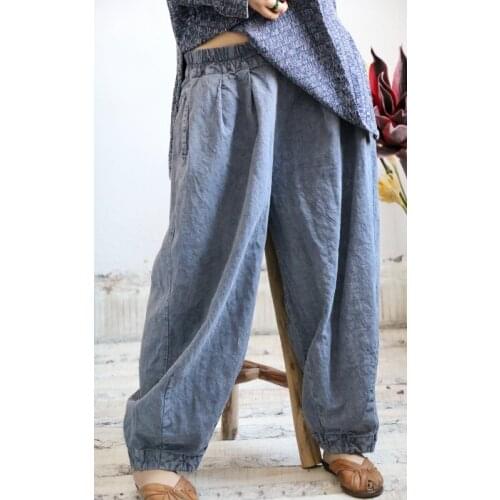 Women Rough Linen Elastic Waist Vintage Pants Ladies Retro Flax Trousers Female Plus Size Solid Color Oversize Pants Trousers