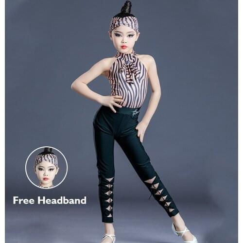 Childrens Latin Dance Costumes Striped Tops Hollow Pants Sleeveless Girls Latin Practice Training Clothing Latin Dresses BL5908