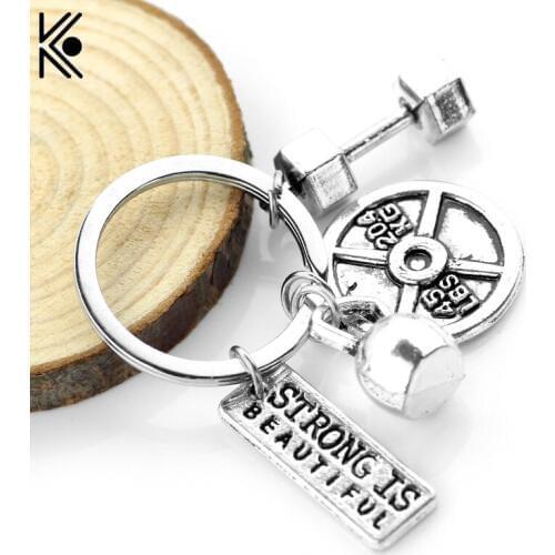 Fitness Enthusiasts Gifts Kettlebell Barbell Dumbbell Pendant Keychain Strong is Beautiful Kettle Bells Keyrings Men Gift