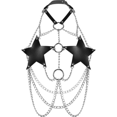 Goth Body Leather Harness Chain Pentagram Bra Top Chest Waist Belt Gothic Punk Fashion Metal Girl Festival Jewelry Accessories