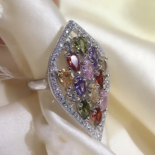 Real 925 Sterling Silver Created Moissanite Diamond Multicolored Gem Cocktail Fine Jewelry For Women Cubic Zirconia Ring
