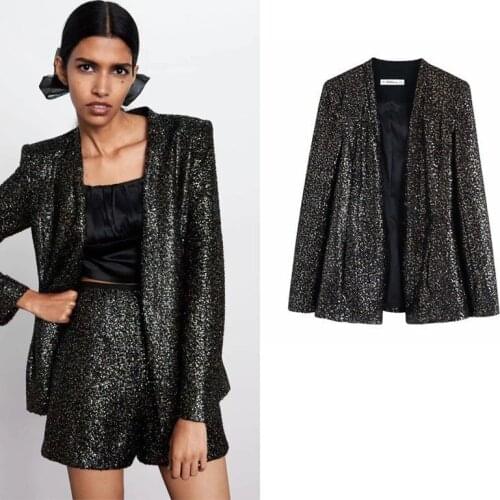 Fashion Sequin Buttonless Blazer Suit 2021 Sexy Women Black Mid Length Casual Office Blazer Temperament Slim Commute Suit Coats