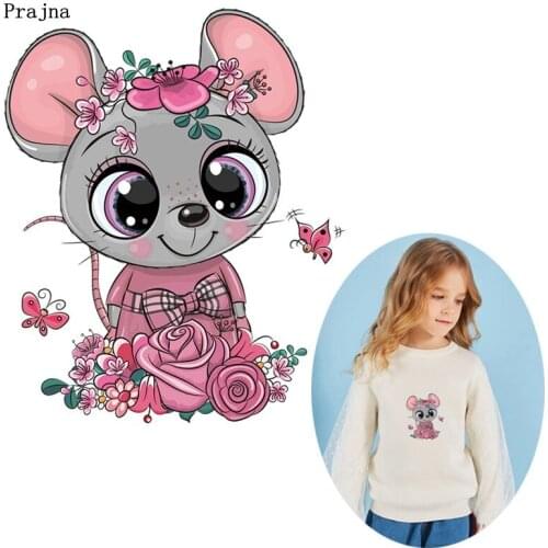 Prajna Cartoon Mouse Iron On Transfer For Clothes Stickers Cute Animals Patch Thermal Heat Transfer Vinyl Kids Clothing Applique