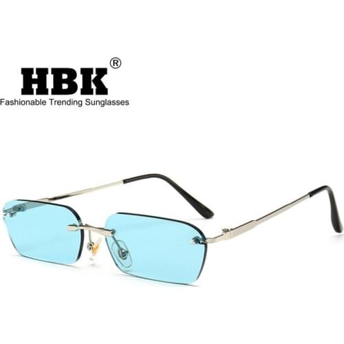 HBK Rimless Rectangle Blue Sunglasses Men Women Metal Frame Glasses Shades Vintage Square Samll Size Lens Summer Driving UV400