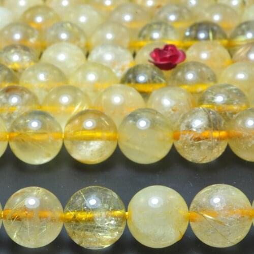 Natural Golden Rutilated Quartz Smooth Round Beads Wholesale Loose Gemstone Diy Jewelry Making Stuff Gems