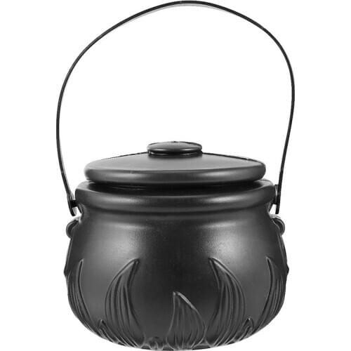 Novelty Candy Kettles with Lid Halloween Black Kettles Candy Holder Witches Cauldron with Handle (Size L without Fire Pattern)