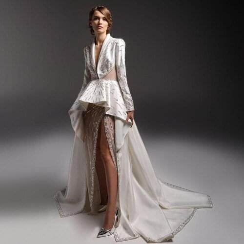 Ivory 2021 Prom Dresses Sexy Side Split Evening Gowns Long Sleeve Deep V Neck Beaded Formal Pageant Party Dress