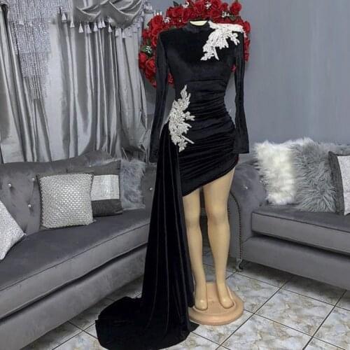 African Girl Short Party Prom Dresses 2021 Designed Long Sleeves Silver Beaded Appliques Black Mini Prom Dress With Long Train