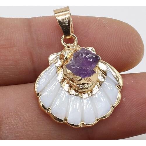 Natural Mother of Pearl Shell Pendant Scallop Druzy Crystal Golden Plated Charms for DIY Earring Necklace Jewelry Making Gift