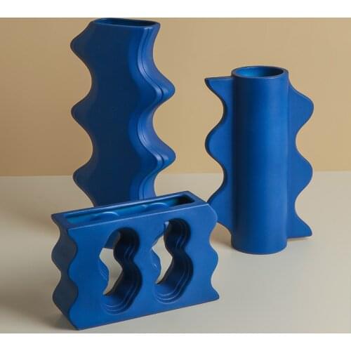 Simple Klein Blue Geometric Flower Ware Ceramic Living Room Flower Arrangement Hotel Model Room Art Decoration Vase Ornaments