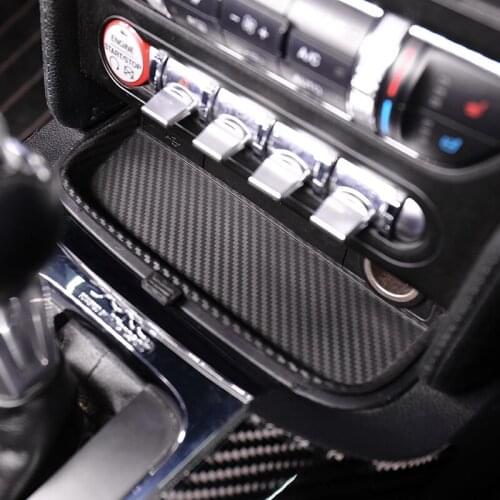 QHCP Non-Slip Armrest Water Cup Mats Change Box Interior Carbon Fiber Style Black For Ford Mustang 2015 2016 2017 2018 2019 2020