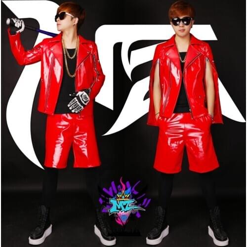 S-5xl! 2021 Men Fashion Zipper Sleeve Red Patent Leather Motorcycle Jacket Coat Mens Singer Costumes Formal Dress Clothing