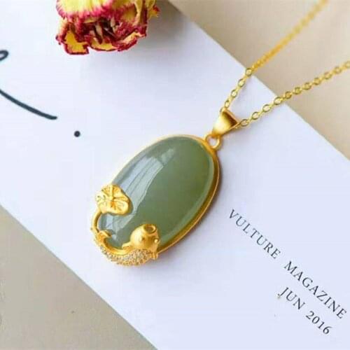 Hetian Jade Prosperous Necklace S925 Sterling Silver Gold Inlaid Goldfish Lucky Ingot Female National Fashion Accessories