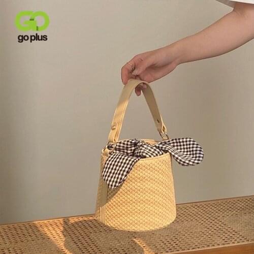 GOPLUS 2021 Summer Straw Weaving Ladies Bag Retro Drawstring Bucket Bag Fashion Handbag New Womens Portable Slung Shoulder Bag