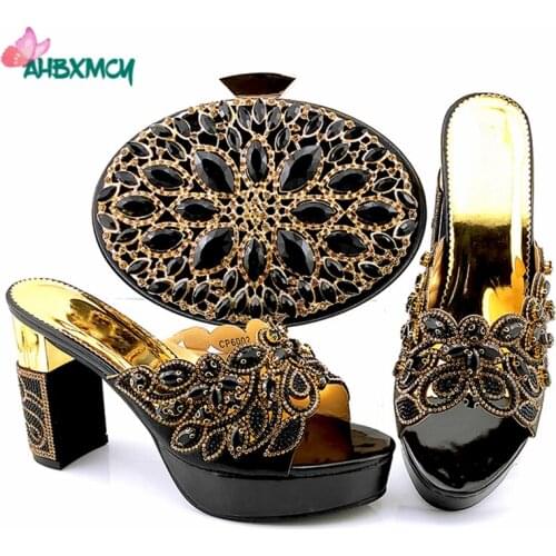 Black Color Italian Women Shoes and Bag Set Elegant Style African Ladies Shoes Matching Bag with Platform for Garden Party