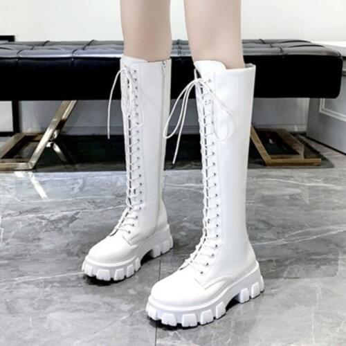 Womens boots 2021 new thickened winter Knight boots women knee high rectangular heel retro motorcycle black and white