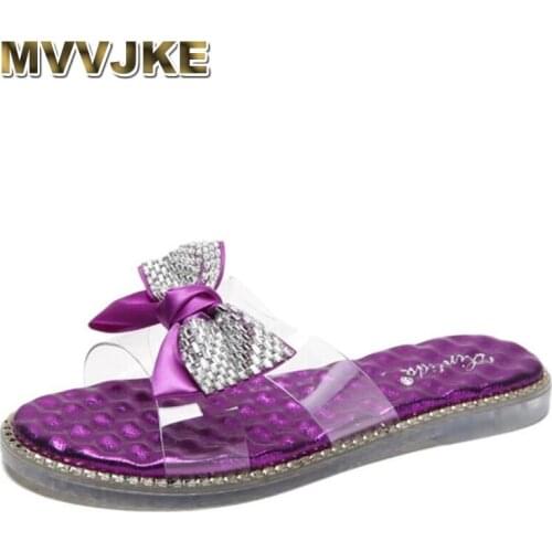 MVVJKE Cute Women Slippers Transparent PVC bowknot Crystal Decoration Mules Shoes Flat Heel Peep-Toe Summer Beach Sweet Ladies