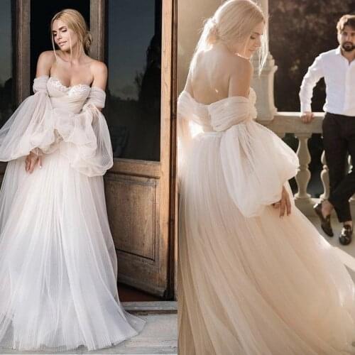 Light Champagne Dreamy Princess Wedding Dress 2021 A-Line Off Shoulder Puffy Sleeve Backless Fairy Bride Gown Vestidos De Noiva