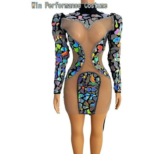 Fashion Hollow Out Patchwork Mesh Sequin Party Dress Women Sexy Backless Prom Bodycon Dress Nightclub DJ Singer Dance Stage Wear