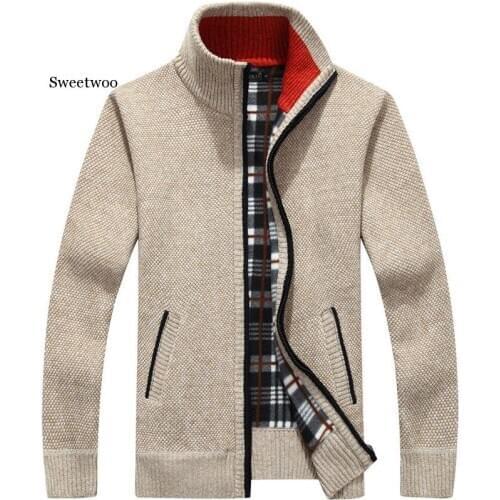 Winter Thick Mens Knitted Sweater Coat Off White Long Sleeve Cardigan Fleece Full Zip Male Causal Plus Size Clothing for Autumn