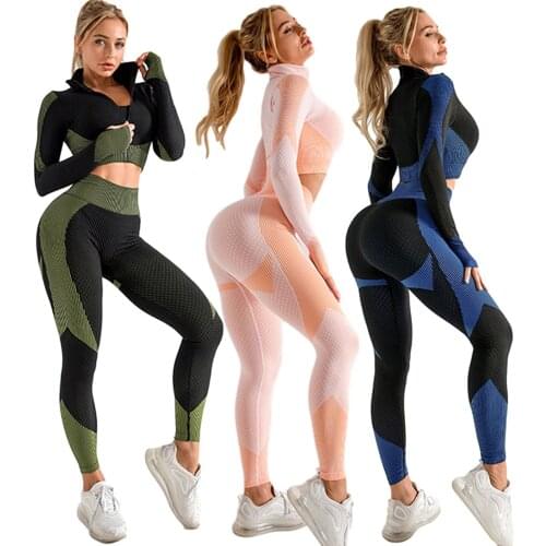 2 Piece Women Sports Sets Yoga Set Fitness Sport High Waist Leggings Long Sleeve Workout Clothes Gym Seamless Yoga Suits