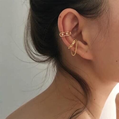 No Piercing Gold Plated Hollow Crystal Star Chain Double Layer Chain Gold Ear Cuffs Girl Fashion Womens Clip on Earrings